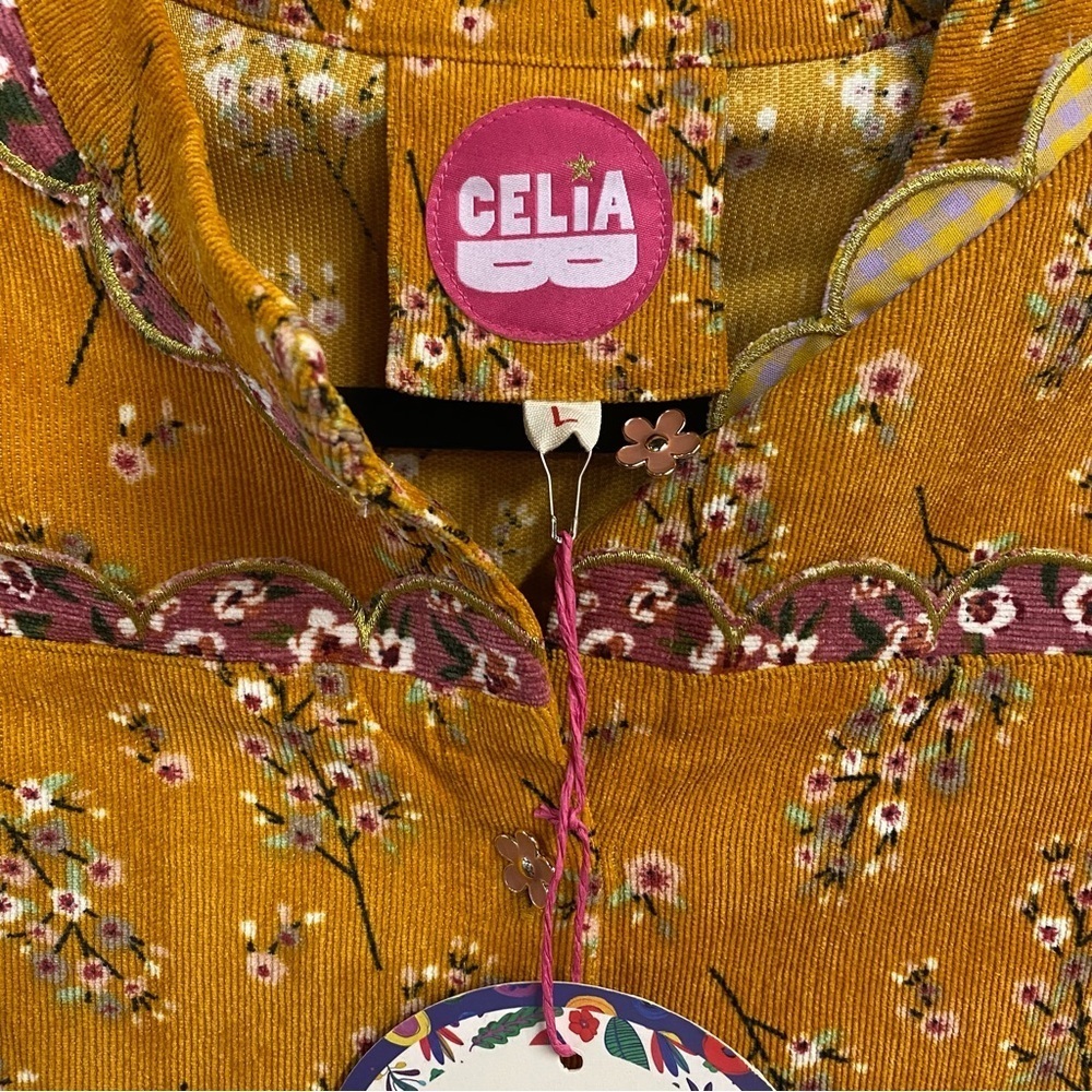 CeliaB Willow Dress Mustard Floral Long Sleeve Dress corduroy print midi NWT L - Picture 9 of 10